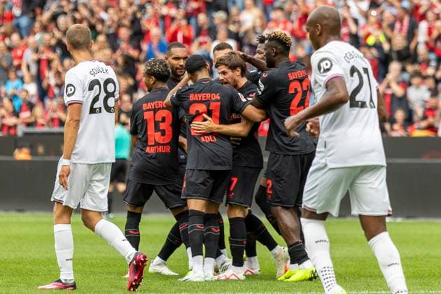 Test match Bayer 04 Leverkusen vs West Ham United, 05 08 2023 Joy at Arthur Bayer 04 Leverkusen, 13 , Amine Adli Bayer 04 Leverkusen, 21 and Jonas Hofmann Bayer 04 Leverkusen, 7 Test match Bayer 04 Leverkusen vs West Ham United on 05 08 2023 at the BayArena in Leverkusen DFL REGULATIONS PROHIBIT ANY USE OF PHOTOGRAPHS AS IMAGE SEQUENCES AND OR QUASI VIDEO Copyright: xBEAUTIFULxSPORTS LeahxKohringx