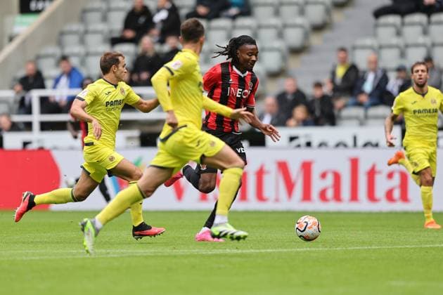 Sela Cup Soccer Tournament NEWCASTLE UPON TYNE, ENGLAND - AUGUST 05: Kail Boudache (R) of OGC Nice in action during the Sela Cup tournament soccer match between OGN Nice and Villarreal CF at St. James Park on August 05, 2023 in Newcastle upon Tyne, England. Newcastle Northtumberland England  Copyright: xDomenicxAquilinax originalFilename:aquilina-selacups230805_npdlv.jpg