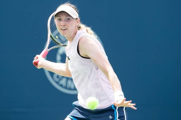 August 05, 2023: Cristina Bucsa of Spain hits a forehand during the WTA, Tennis Damen National Bank Open qualifying round match at IGA Stadium in Montreal, Quebec. CSM Montreal Canada - ZUMAc04_ 20230805_zma_c04_018 Copyright: xDanielxLeax