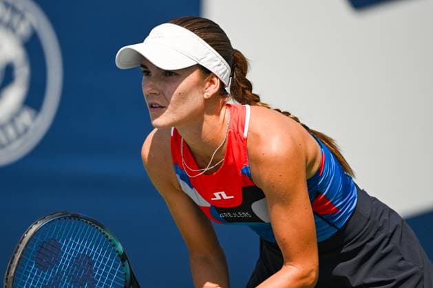 MONTREAL, QC - AUGUST 05: Mirjam Bjorklund (SWE) waits for service during the qualifying round match at WTA, Tennis Damen National Bank Open on August 05, 2023 at IGA Stadium in Montreal, QC (Photo by David Kirouac Icon Sportswire) TENNIS: AUG 05 National Bank Open EDITORIAL USE ONLY Icon230805007