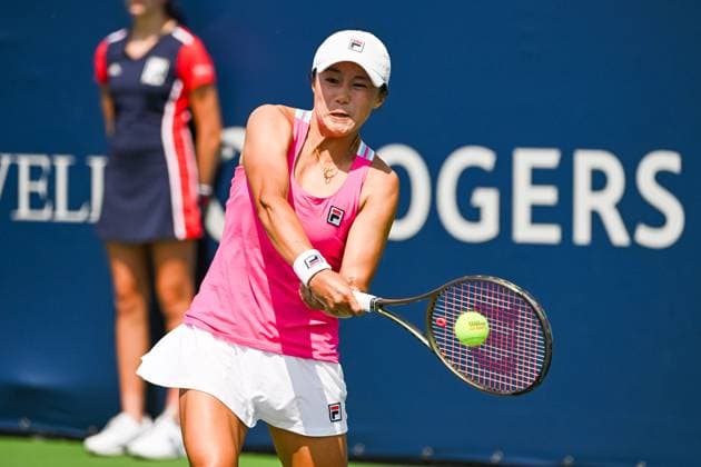 MONTREAL, QC - AUGUST 05: Na-Lee Han (KOR) returns the ball during the qualifying round match at WTA, Tennis Damen National Bank Open on August 05, 2023 at IGA Stadium in Montreal, QC (Photo by David Kirouac Icon Sportswire) TENNIS: AUG 05 National Bank Open EDITORIAL USE ONLY Icon230805021
