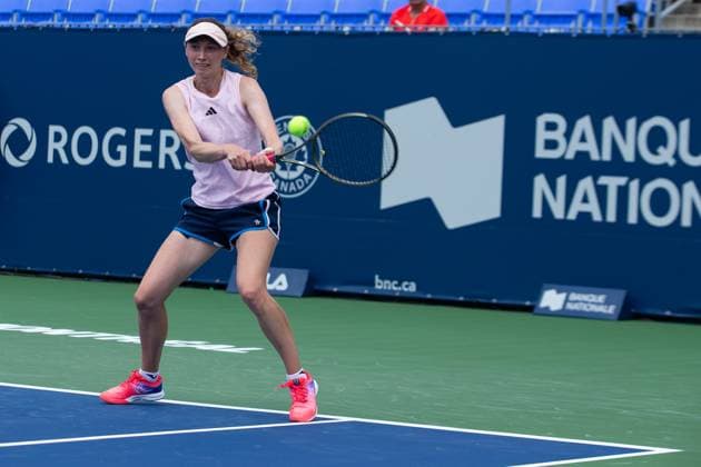 August 05, 2023: Montreal, Quebec, Canada: Cristina Bucsa of Spain returns service during the WTA, Tennis Damen National Bank Open qualifying round match at IGA Stadium. Montreal Canada - ZUMAc04_ 20230805_zma_c04_003 Copyright: xDanielxLeax