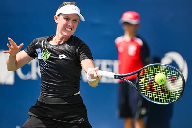 MONTREAL, QC - AUGUST 05: Storm Hunter (AUS) returns the ball during the qualifying round match at WTA, Tennis Damen National Bank Open on August 05, 2023 at IGA Stadium in Montreal, QC (Photo by David Kirouac Icon Sportswire) TENNIS: AUG 05 National Bank Open EDITORIAL USE ONLY Icon230805052