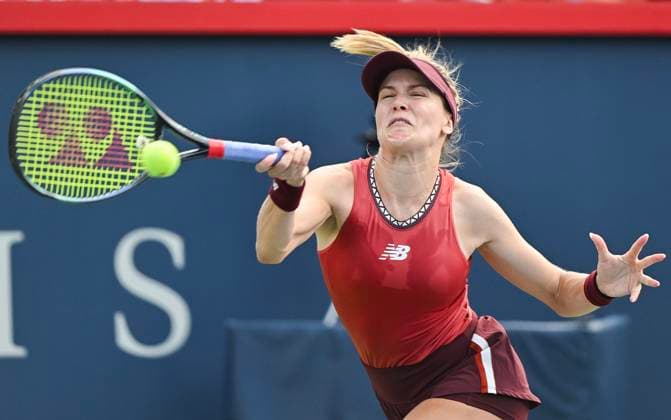 August 5, 2023, Montreal, PQ, Canada: Eugenie Bouchard, from Canada, returns the ball to Danielle Collins, from the United States, during their qualifying match at the National Bank Open tennis tournament in Montreal, Saturday, August 5, 2023. Danielle Collins, Eugenie Bouchard, - ZUMAc35_ 20230805_zaf_c35_051 Copyright: xGrahamxHughesx