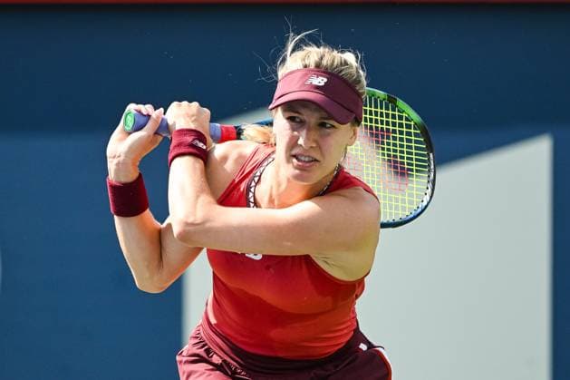 MONTREAL, QC - AUGUST 05: Eugenie Bouchard (CAN) returns the ball during the qualifying round match at WTA, Tennis Damen National Bank Open on August 05, 2023 at IGA Stadium in Montreal, QC (Photo by David Kirouac Icon Sportswire) TENNIS: AUG 05 National Bank Open EDITORIAL USE ONLY Icon230805131