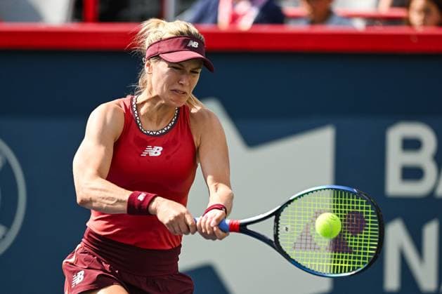 MONTREAL, QC - AUGUST 05: Eugenie Bouchard (CAN) returns the ball during the qualifying round match at WTA, Tennis Damen National Bank Open on August 05, 2023 at IGA Stadium in Montreal, QC (Photo by David Kirouac Icon Sportswire) TENNIS: AUG 05 National Bank Open EDITORIAL USE ONLY Icon230805132
