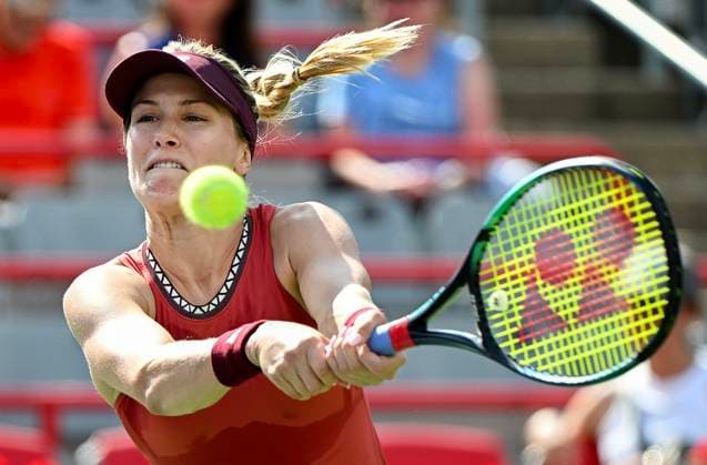 August 5, 2023, Montreal, PQ, Canada: Eugenie Bouchard, from Canada, returns the ball to Danielle Collins, from the United States, during their qualifying match at the National Bank Open tennis tournament in Montreal, Saturday, August 5, 2023. Danielle Collins, Eugenie Bouchard, - ZUMAc35_ 20230805_zaf_c35_054 Copyright: xGrahamxHughesx