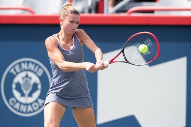 August 05, 2023: Camila Giorgi hits a backhand during the WTA, Tennis Damen National Bank Open qualifying round match at IGA Stadium in Montreal, Quebec. CSM Montreal Canada - ZUMAc04_ 20230805_zma_c04_092 Copyright: xDanielxLeax