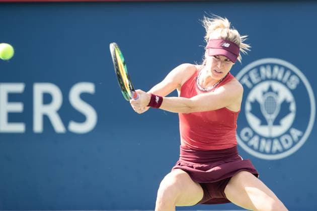 August 05, 2023: Eugenie Bouchard of Canada returns a serve during the WTA, Tennis Damen National Bank Open qualifying round match at IGA Stadium in Montreal, Quebec. CSM Montreal Canada - ZUMAc04_ 20230805_zma_c04_093 Copyright: xDanielxLeax
