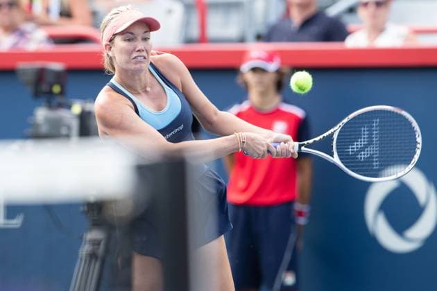 August 05, 2023: Danielle Collins of USA smashes a backhand during the WTA, Tennis Damen National Bank Open qualifying round match at IGA Stadium in Montreal, Quebec. CSM Montreal Canada - ZUMAc04_ 20230805_zma_c04_095 Copyright: xDanielxLeax