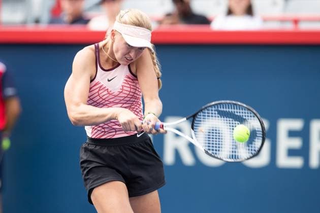 August 05, 2023: Elvina Kalleva of USA hits a backhand during the WTA, Tennis Damen National Bank Open qualifying round match at IGA Stadium in Montreal, Quebec. CSM Montreal Canada - ZUMAc04_ 20230805_zma_c04_098 Copyright: xDanielxLeax