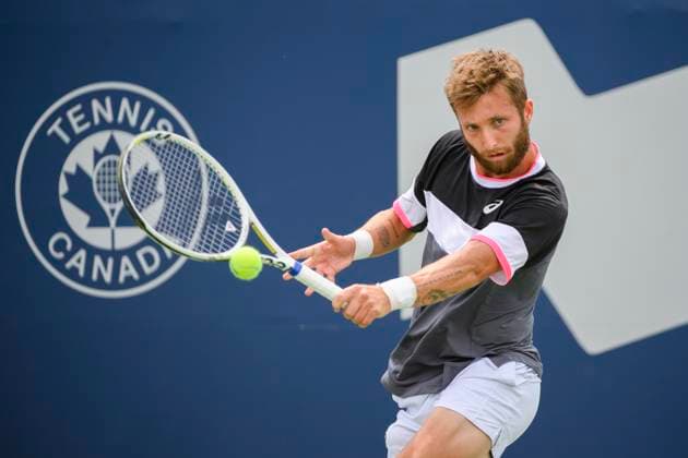 August 5, 2023, Toronto, ON, Canada: FranceöÄÃ s Corentin Moutet returns the ball from CanadaöÄÃ s Justin Boulais during a qualifying round at the National Bank Open, in Toronto, on Saturday, August 5, 2023. Canada News - August 5, 2023  - ZUMAc35_ 20230805_zaf_c35_073 Copyright: xChristopherxKatsarovx