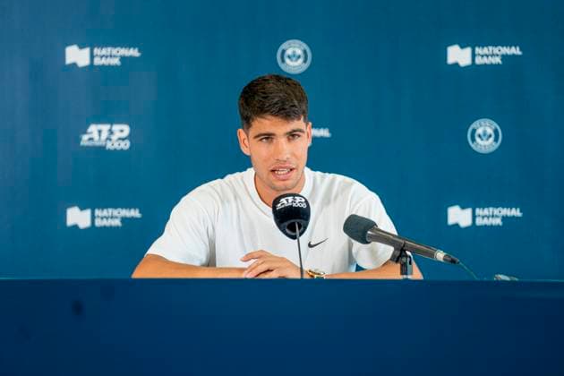 Spanish Carlos Alcaraz speaks during a press conference, PK, Pressekonferenz in Toronto, Canada, 5 August 2023. Alcaraz is in Canada to compete in the Canada Tennis Open. Spanish Carlos Alcaraz in press conference !ACHTUNG: NUR REDAKTIONELLE NUTZUNG!  Copyright: xJulioxCésarxRivasx AMDEP7813 20230806-9c4b7a55c4eb1baac32263a313bae239b5f753b9