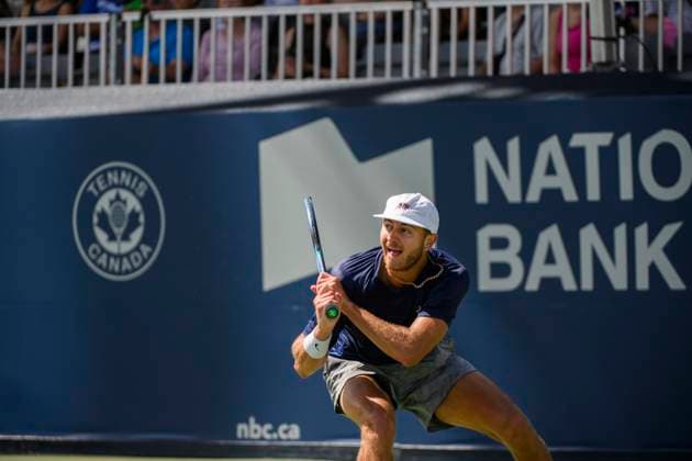 August 5, 2023, Toronto, ON, Canada: CanadaöÄÃ s Brayden Schnur returns the ball to USAöÄÃ s Maxime Cressy during a qualifying round at the National Bank Open, in Toronto, on Saturday, August 5, 2023. Canada News - August 5, 2023  - ZUMAc35_ 20230805_zaf_c35_153 Copyright: xChristopherxKatsarovx