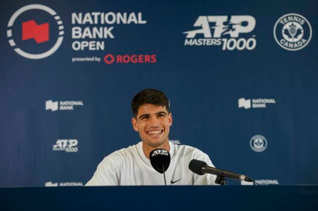 August 5, 2023, Toronto, ON, Canada: Spain™s Carlos Alcaraz speaks to members of the media during a press conference, PK, Pressekonferenz at the National Bank Open, in Toronto, on Saturday, August 5, 2023. Canada News - August 5, 2023 - ZUMAc35_ 20230805_zaf_c35_162 Copyright: xChristopherxKatsarovx