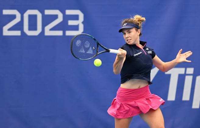 Czech Linda Noskova in action during match against Tamara Korpatsch of Germany at the WTA, Tennis Damen Prague Open 2023 tennis tournament, semi-final, on August 6, 2023, in Prague, Czech Republic. (CTKxPhoto MichaelaxRihova) CTKPhotoP2023080603577  CTKPhotoP2023080603577