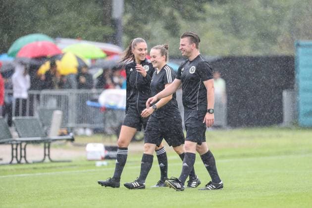 Annika Hinrichs Referee , Silke Dietz SR A 1 , Chiara Werner SR A 2 , GER, Eintracht Frankfurt vs 1 FC Nuernberg, 1 Frauen Bundesliga, Testspiel, Spielzeit 2023 24, 06 08 2023, GER, Eintracht Frankfurt vs 1 FC Nuernberg, 1 Frauen Bundesliga, Testspiel, Spielzeit 2023 24, Frankfurt Copyright: xEibner-Pressefoto UlrichxScherbaumx EP_USM