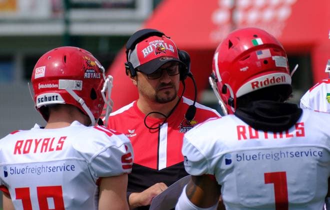 06 08 2023 xkhx Paderborn Hermann Löns Stadion American Football GFL 2023 AFC Paderborn Dolphins vs Potsdam Royals Head Coach Michael Vogt Potsdam Royals