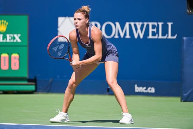 MONTREAL, QC - AUGUST 06: Camila Giorgi (ITA) waits for service during a qualifying round match at WTA, Tennis Damen National Bank Open on August 06, 2023 at IGA Stadium in Montreal, QC (Photo by David Kirouac Icon Sportswire) TENNIS: AUG 06 National Bank Open EDITORIAL USE ONLY Icon230806008
