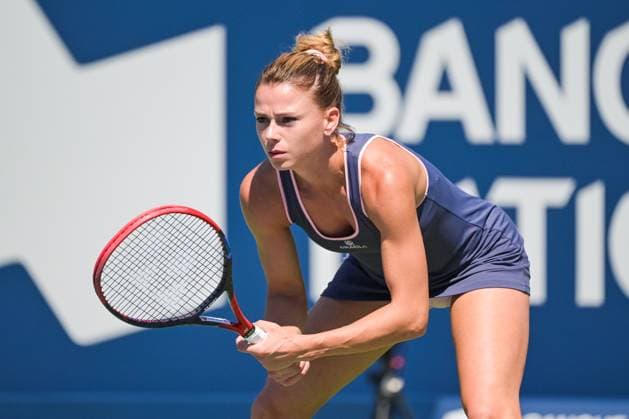 MONTREAL, QC - AUGUST 06: Camila Giorgi (ITA) waits for service during a qualifying round match at WTA, Tennis Damen National Bank Open on August 06, 2023 at IGA Stadium in Montreal, QC (Photo by David Kirouac Icon Sportswire) TENNIS: AUG 06 National Bank Open EDITORIAL USE ONLY Icon230806009