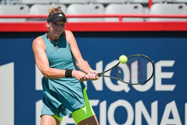 MONTREAL, QC - AUGUST 06: Ashlyn Krueger (USA) returns the ball during a qualifying round match at WTA, Tennis Damen National Bank Open on August 06, 2023 at IGA Stadium in Montreal, QC (Photo by David Kirouac Icon Sportswire) TENNIS: AUG 06 National Bank Open EDITORIAL USE ONLY Icon230806019