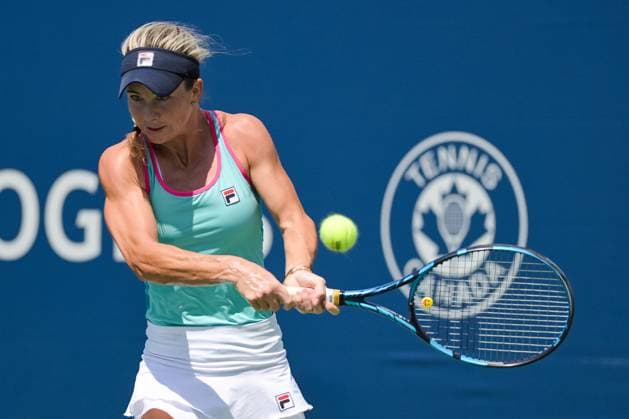 MONTREAL, QC - AUGUST 06: Elizabeth Mandlik (USA) returns the ball during a qualifying round match at WTA, Tennis Damen National Bank Open on August 06, 2023 at IGA Stadium in Montreal, QC (Photo by David Kirouac Icon Sportswire) TENNIS: AUG 06 National Bank Open EDITORIAL USE ONLY Icon230806040
