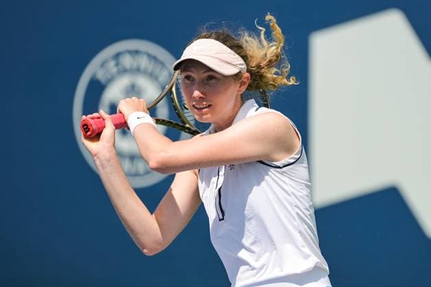 MONTREAL, QC - AUGUST 06: Cristina Bucsa (ESP) returns the ball during a qualifying round match at WTA, Tennis Damen National Bank Open on August 06, 2023 at IGA Stadium in Montreal, QC (Photo by David Kirouac Icon Sportswire) TENNIS: AUG 06 National Bank Open EDITORIAL USE ONLY Icon230806043