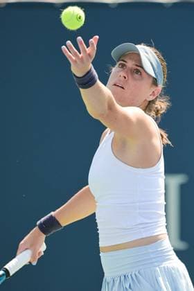 MONTREAL, QC - AUGUST 06: Kimberly Birrell (AUS) serves the ball during a qualifying round match at WTA, Tennis Damen National Bank Open on August 06, 2023 at IGA Stadium in Montreal, QC (Photo by David Kirouac Icon Sportswire) TENNIS: AUG 06 National Bank Open EDITORIAL USE ONLY Icon230806061