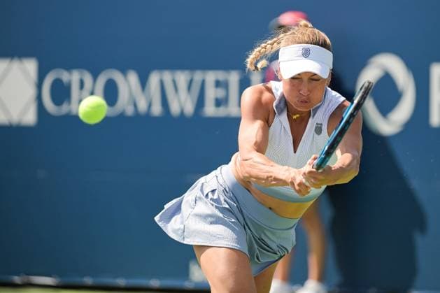 MONTREAL, QC - AUGUST 06: Yulia Putintseva (KAZ) returns the ball during a qualifying round match at WTA, Tennis Damen National Bank Open on August 06, 2023 at IGA Stadium in Montreal, QC (Photo by David Kirouac Icon Sportswire) TENNIS: AUG 06 National Bank Open EDITORIAL USE ONLY Icon230806065