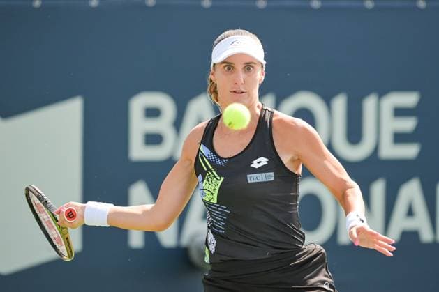 MONTREAL, QC - AUGUST 06: Marina Bassols Ribera (ESP) returns the ball during a qualifying round match at WTA, Tennis Damen National Bank Open on August 06, 2023 at IGA Stadium in Montreal, QC (Photo by David Kirouac Icon Sportswire) TENNIS: AUG 06 National Bank Open EDITORIAL USE ONLY Icon230806092