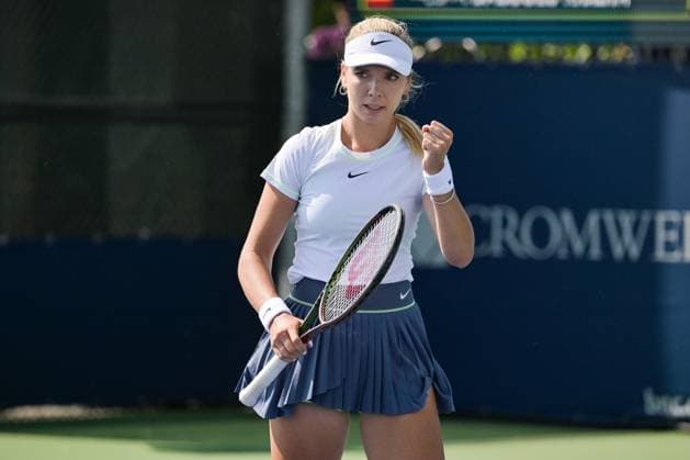 MONTREAL, QC - AUGUST 06: Katie Boulter (GBR) shows pride after scoring a point during a qualifying round match at WTA, Tennis Damen National Bank Open on August 06, 2023 at IGA Stadium in Montreal, QC (Photo by David Kirouac Icon Sportswire) TENNIS: AUG 06 National Bank Open EDITORIAL USE ONLY Icon230806096
