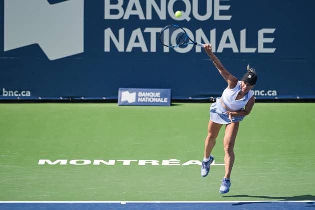 MONTREAL, QC - AUGUST 06: Yulia Putintseva (KAZ) serves the ball during a qualifying round match at WTA, Tennis Damen National Bank Open on August 06, 2023 at IGA Stadium in Montreal, QC (Photo by David Kirouac Icon Sportswire) TENNIS: AUG 06 National Bank Open EDITORIAL USE ONLY Icon230806098
