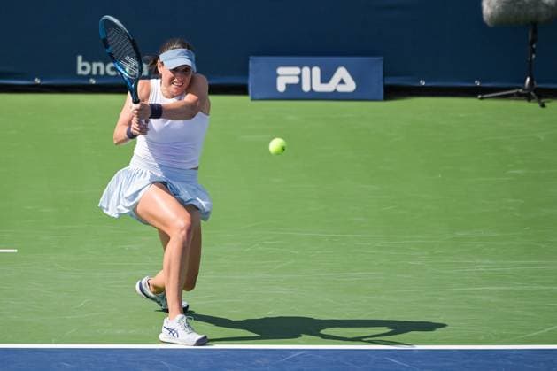 MONTREAL, QC - AUGUST 06: Kimberly Birrell (AUS) returns the ball during a qualifying round match at WTA, Tennis Damen National Bank Open on August 06, 2023 at IGA Stadium in Montreal, QC (Photo by David Kirouac Icon Sportswire) TENNIS: AUG 06 National Bank Open EDITORIAL USE ONLY Icon230806106