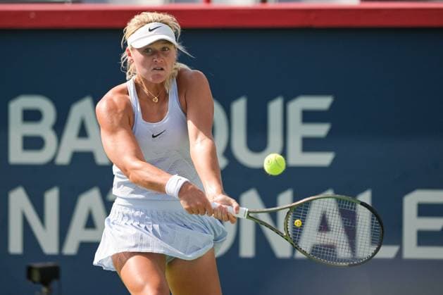 MONTREAL, QC - AUGUST 06: Magdalena Frech (POL) returns the ball during a qualifying round match at WTA, Tennis Damen National Bank Open on August 06, 2023 at IGA Stadium in Montreal, QC (Photo by David Kirouac Icon Sportswire) TENNIS: AUG 06 National Bank Open EDITORIAL USE ONLY Icon230806117