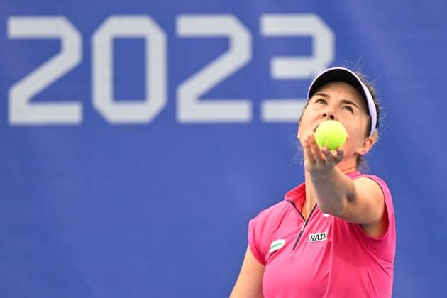 Czech Linda Noskova in action during match against Nao Hibino of Japan at the WTA, Tennis Damen Prague Open 2023 tennis tournament, final, on August 7, 2023, in Prague, Czech Republic. (CTKxPhoto MichalxKamaryt) CTKPhotoP2023080702880  CTKPhotoP2023080702880