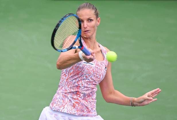 August 7, 2023, Montreal, PQ, Canada: Karolina Pliskova from the Czech Republic keeps her eyes on the ball during her first round match against Lin Zhu from China at the National Bank Open tennis tournament in Montreal, Monday, August 7, 2023. Canada News - August 7, 2023  - ZUMAc35_ 20230807_zaf_c35_001 Copyright: xGrahamxHughesx