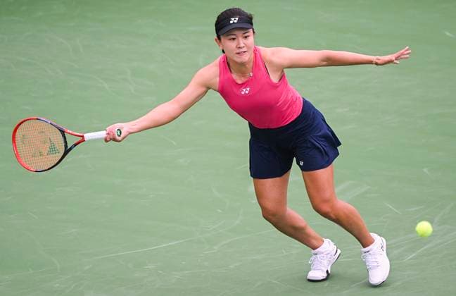 August 7, 2023, Montreal, PQ, Canada: Lin Zhu from China lunges for the ball during her first round match against Karolina Pliskova from the Czech Republic at the National Bank Open tennis tournament in Montreal, Monday, August 7, 2023. Canada News - August 7, 2023  - ZUMAc35_ 20230807_zaf_c35_004 Copyright: xGrahamxHughesx