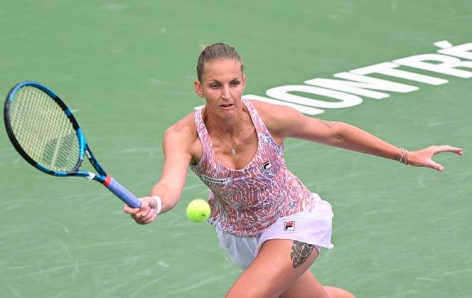 August 7, 2023, Montreal, PQ, Canada: Karolina Pliskova from the Czech Republic plays a shot to Lin Zhu from China during their first round match at the National Bank Open tennis tournament in Montreal, Monday, August 7, 2023. Canada News - August 7, 2023  - ZUMAc35_ 20230807_zaf_c35_006 Copyright: xGrahamxHughesx