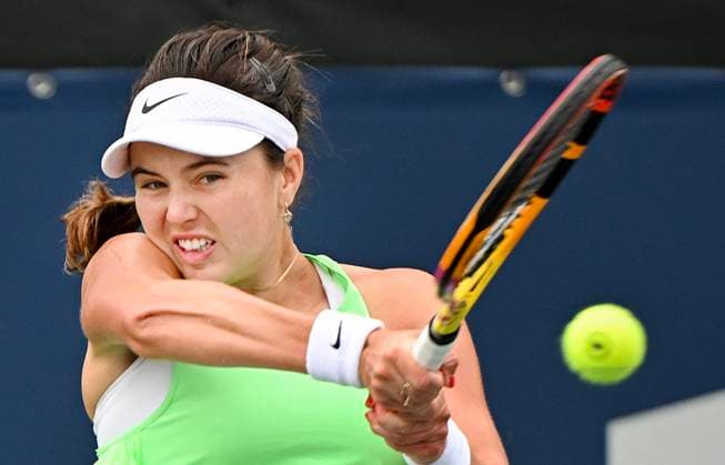 August 7, 2023, Montreal, PQ, Canada: Kayla Day from the United States plays a shot to Marie Bouzkova from the Czech Republic during their first round match at the National Bank Open tennis tournament in Montreal, Monday, August 7, 2023. Canada News - August 7, 2023  - ZUMAc35_ 20230807_zaf_c35_010 Copyright: xGrahamxHughesx