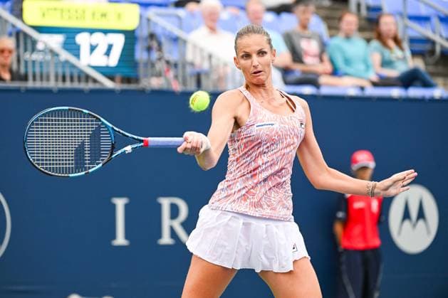 MONTREAL, QC - AUGUST 07: Karolina Pliskova (CZE) returns the ball during a first round match at WTA, Tennis Damen National Bank Open on August 07, 2023 at IGA Stadium in Montreal, QC (Photo by David Kirouac Icon Sportswire) TENNIS: AUG 07 National Bank Open EDITORIAL USE ONLY Icon230807002