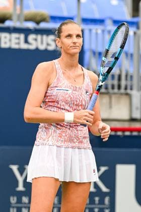 MONTREAL, QC - AUGUST 07: Karolina Pliskova (CZE) reacts after losing a point during a first round match at WTA, Tennis Damen National Bank Open on August 07, 2023 at IGA Stadium in Montreal, QC (Photo by David Kirouac Icon Sportswire) TENNIS: AUG 07 National Bank Open EDITORIAL USE ONLY Icon230807014