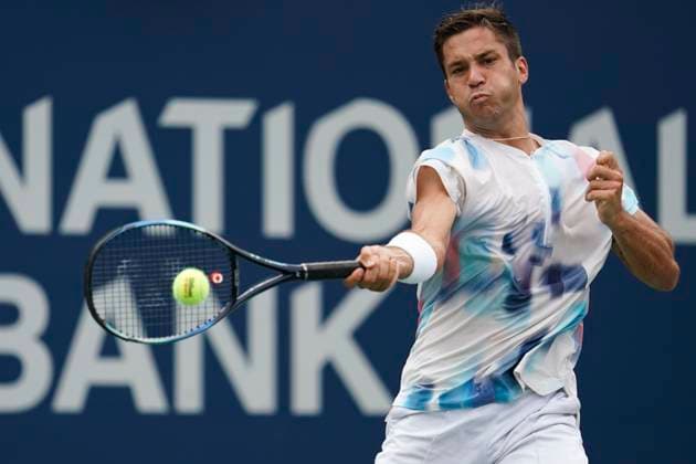 August 7, 2023, Toronto, Ontario, Canada: ALEXIS GALARNEAU hits a shot to Francisco Cerundolo during first round action at The National Bank Open ATP, Tennis Herren tournament in Toronto Toronto Canada - ZUMAm215 20230807_zip_m215_003 Copyright: xArlynxMcAdoreyx