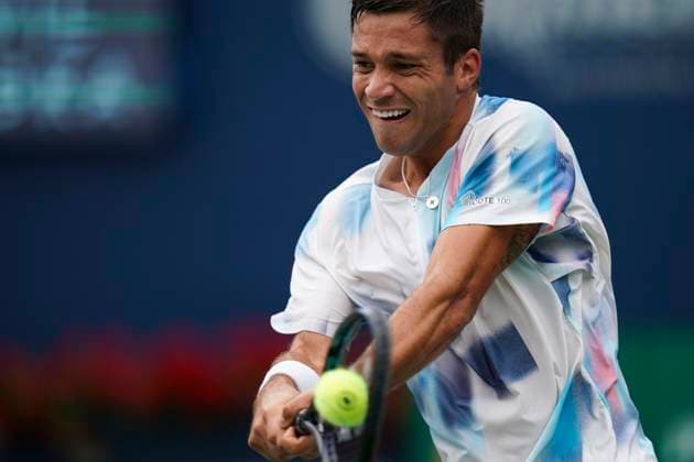 August 7, 2023, Toronto, Ontario, Canada: ALEXIS GALARNEAU hits a shot to Francisco Cerundolo during first round action at The National Bank Open ATP, Tennis Herren tournament in Toronto Toronto Canada - ZUMAm215 20230807_zip_m215_006 Copyright: xArlynxMcAdoreyx