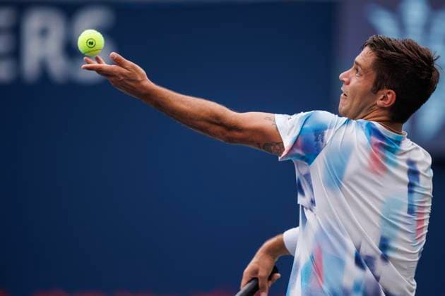 August 7, 2023, TORONTO, ON, Canada: Alexis Galarneau of Canada serves to Francisco Cerundolo of Argentina during Day One of the National Bank Open in Toronto, Monday, Aug. 7, 2023. Canada News - August 7, 2023  - ZUMAc35_ 20230807_zaf_c35_021 Copyright: xColexBurstonx