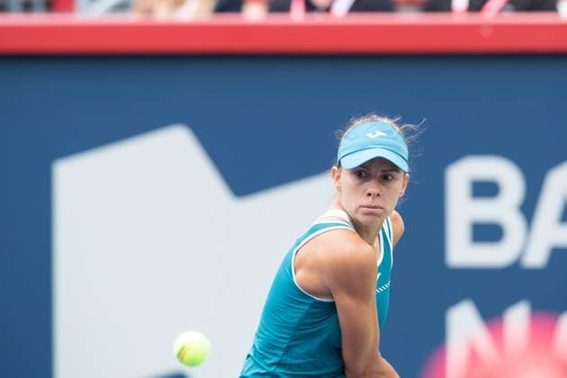 August 07, 2023: Magda Linette (POL) returns the ball during the WTA, Tennis Damen National Bank Open first round match at IGA Stadium in Montreal, Quebec. CSM Montreal Canada - ZUMAc04_ 20230807_zma_c04_187 Copyright: xDanielxLeax