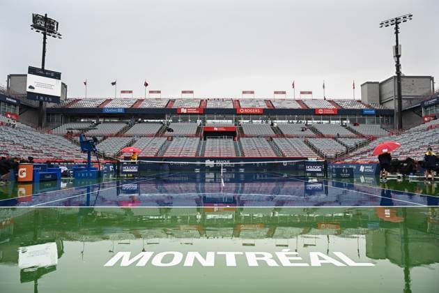 August 7, 2023, Montreal, PQ, Canada: Rain falls on centre court during a break in play at the National Bank Open women s tennis tournament in Montreal, Monday, August 7, 2023. Canada News - August 7, 2023  - ZUMAc35_ 20230807_zaf_c35_043 Copyright: xGrahamxHughesx