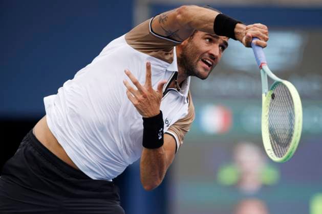 August 7, 2023, TORONTO, ON, Canada: Matteo Berrettini of Italy serves to Gregoire Barrere of Franceduring Day One of the National Bank Open tennis tournament in Toronto, Monday, Aug. 7, 2023. Canada News - August 7, 2023  - ZUMAc35_ 20230807_zaf_c35_046 Copyright: xColexBurstonx