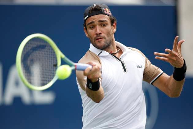 August 7, 2023, TORONTO, ON, Canada: Matteo Berrettini of Italy returns a ball to Gregoire Barrere of France during Day One of the National Bank Open tennis tournament in Toronto, Monday, Aug. 7, 2023. Canada News - August 7, 2023  - ZUMAc35_ 20230807_zaf_c35_048 Copyright: xColexBurstonx