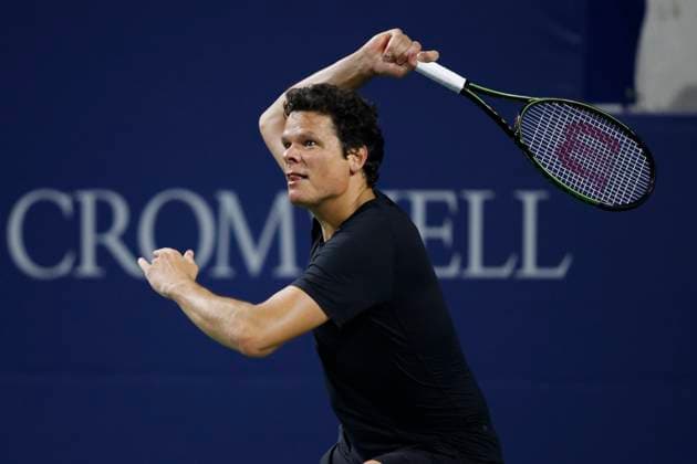 August 7, 2023, TORONTO, ON, CANADA: CanadaöÄÃ s Milos Raonic returns a ball to Frances Tiafoe of the USA at the National Bank Open tennis tournament in Toronto, Monday, Aug. 7, 2023. Canada News - August 7, 2023  - ZUMAc35_ 20230807_zaf_c35_105 Copyright: xColexBurstonx