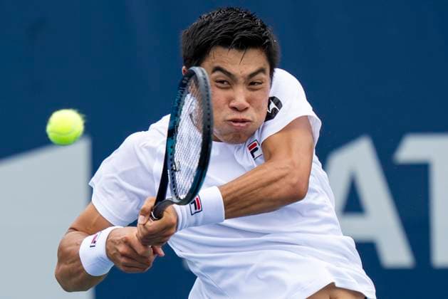 (230808) -- TORONTO, Aug. 8, 2023 -- Brandon Nakashima of the United States returns the ball during the first round of men s singles match between Jiri Lehecka of the Czech Republic and Brandon Nakashima of the United States at the 2023 National Bank Open in Toronto, Canada, on Aug. 7, 2023. (Photo by Xinhua) (SP)CANADA-TORONTO-TENNIS-NATIONAL BANK OPEN-MEN S SINGLES ZouxZheng 